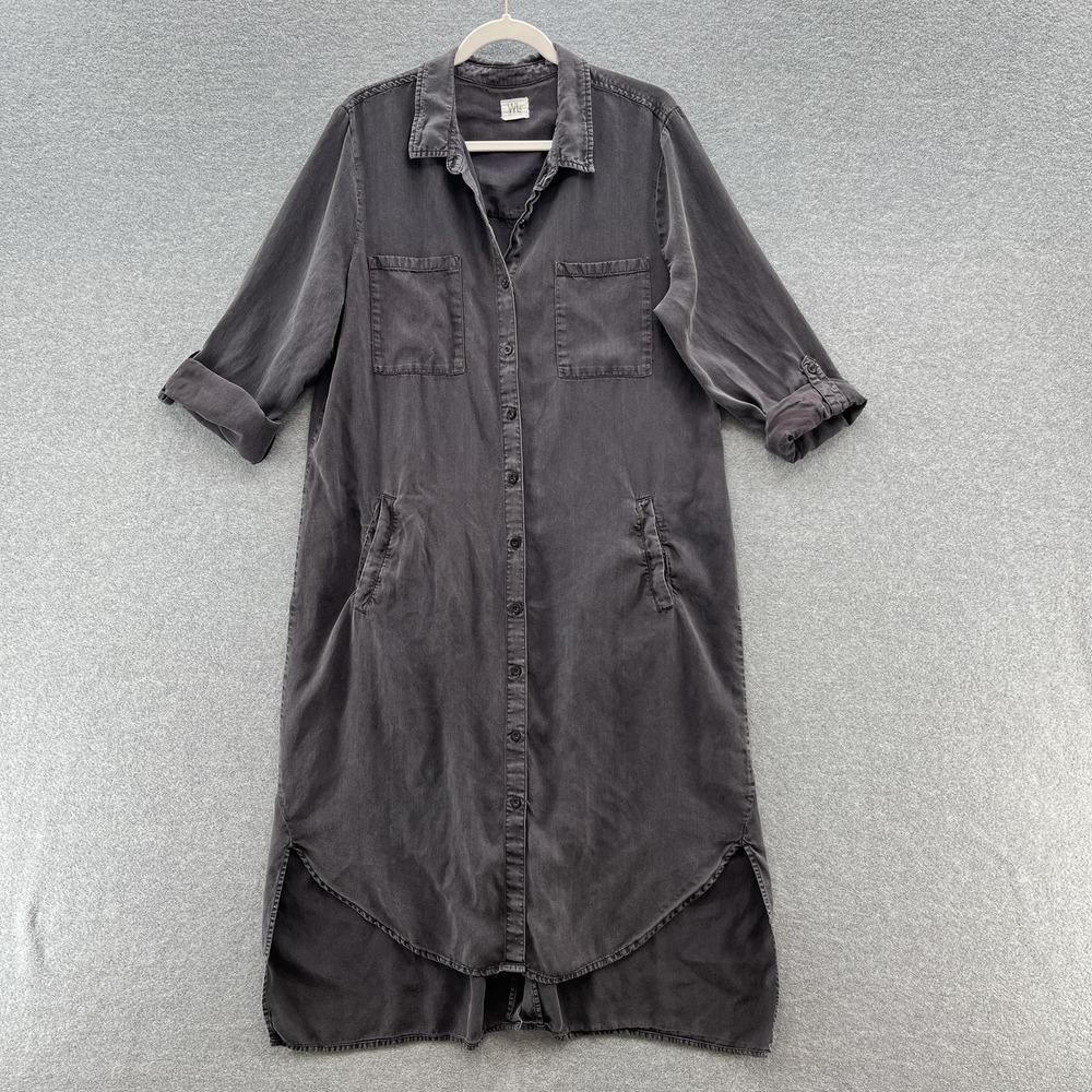Wash Lab Shirt Dress XL Black Chambray Chill Out Pockets Relaxed Long Midi